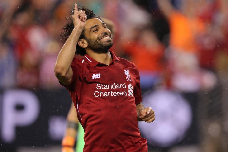 Jul 25, 2018; East Rutherford, NJ, USA; Liverpool forward Mohamed Salah (11) celebrates his goal against Manchester City during the second half of an International Champions Cup soccer match at MetLife Stadium. Mandatory Credit: Brad Penner-USA TODAY Sports