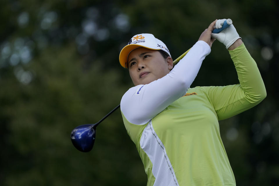 Inbee Park, of South Korea, hits off the third tee in the first round of the Cognizant Founders Cup LPGA golf tournament, Thursday, Oct. 7, 2021, in West Caldwell, N.J. (AP Photo/John Minchillo)