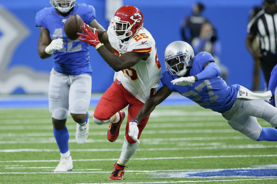 Kansas City Chiefs running back LeSean McCoy (25) rushes during the first half of an NFL football game against the Detroit Lions, Sunday, Sept. 29, 2019, in Detroit. (AP Photo/Duane Burleson)