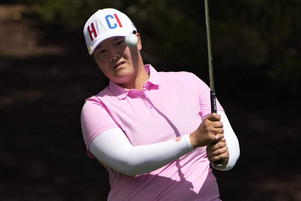 Angel Yin chips onto the ninth green during the first day of round-robin play in the LPGA Bank of Hope Match Play golf tournament Wednesday, May 24, 2023, in North Las Vegas, Nev. (AP Photo/John Locher)