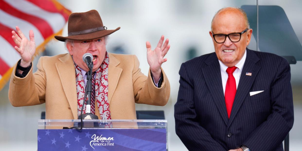 John Eastman speaking at the January 6 rally next to Rudy Giuliani.