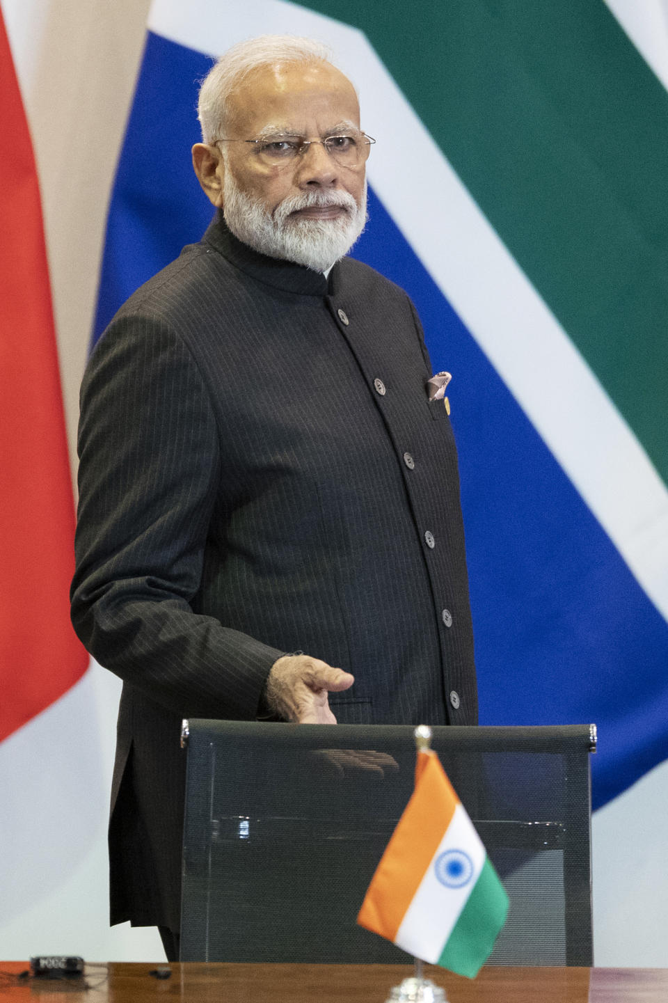 India's Prime Minister Narendra Modi arrives for a meeting with members of the Business Council and management of the New Development Bank during the BRICS emerging economies at the Itamaraty palace in Brasilia, Brazil, Thursday, Nov. 14, 2019. (AP Photo/Pavel Golovkin, Pool)