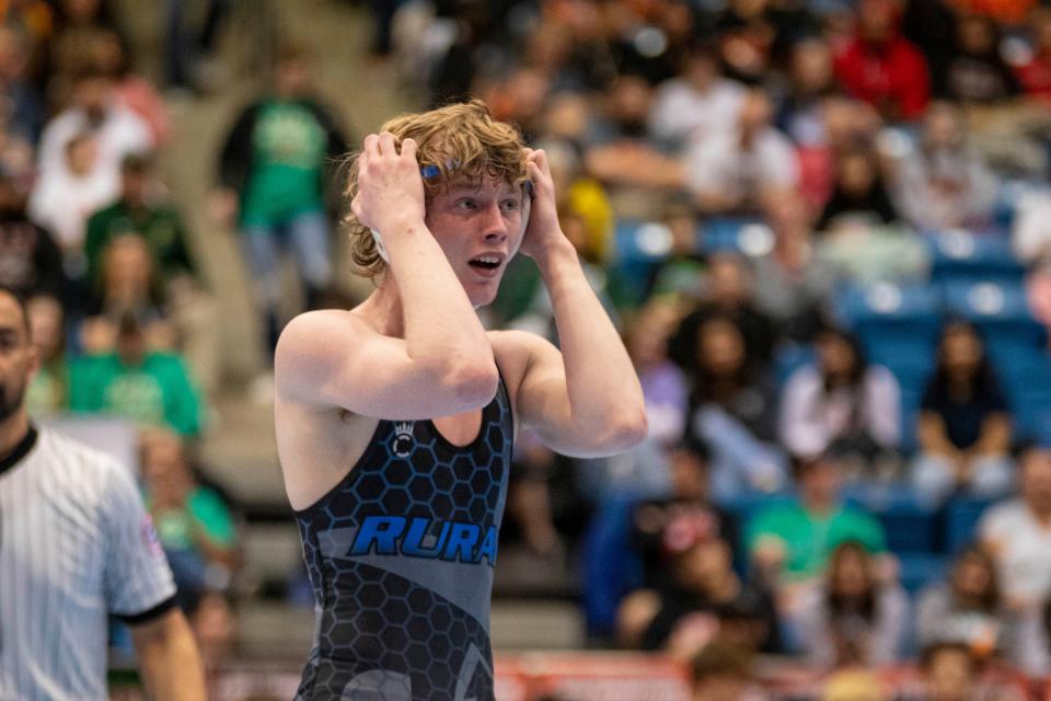 Washburn Rural's Kristjan Marshall reacts to winning the 6A 150 weight class title at State Wrestling on Saturday, Feb. 24, 2024.