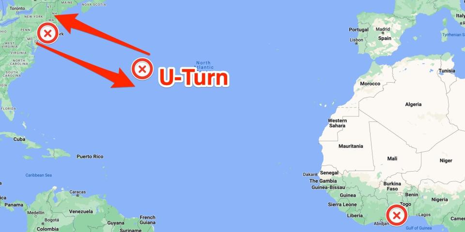 A map shows the rough location of where a Delta flight from JFK to Accra, Ghana was forced to turn round.