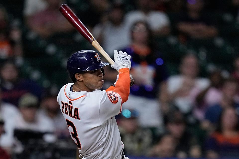 The Astros' Jeremy Peña singles during a game against the Boston Red Sox last week in Houston.