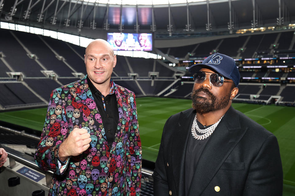 LONDON, ENGLAND - OCTOBER 20: Tyson Fury and Derek Chisora stand out on the balcony at the Tottenham Hotspur Stadium during the Tyson Fury Press Conference at Tottenham Hotspur Stadium on October 20, 2022 in London, England. (Photo by Charlotte Wilson/Offside/Offside via Getty Images)