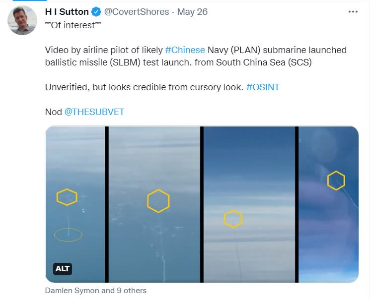 美國軍事專家薩頓在推特爆料中國解放軍飛彈險擊中民航機的消息，表示可能是中國海軍試射潛射彈道導彈，消息粗估可信。   圖：翻攝自薩頓推特