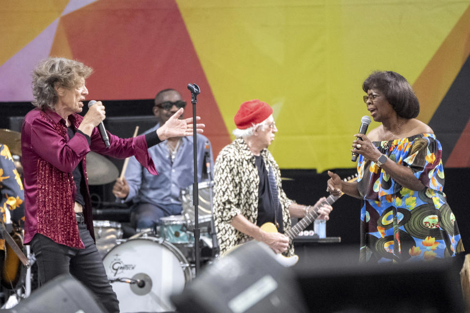 Mick Jagger, left, Steve Jordan, Keith Richards and Irma Thomas perform with the Rolling Stones during the New Orleans Jazz & Heritage Festival on Thursday, May 2nd, 2024, at the Fair Grounds Race Course in New Orleans. (Photo by Amy Harris/Invision/AP)