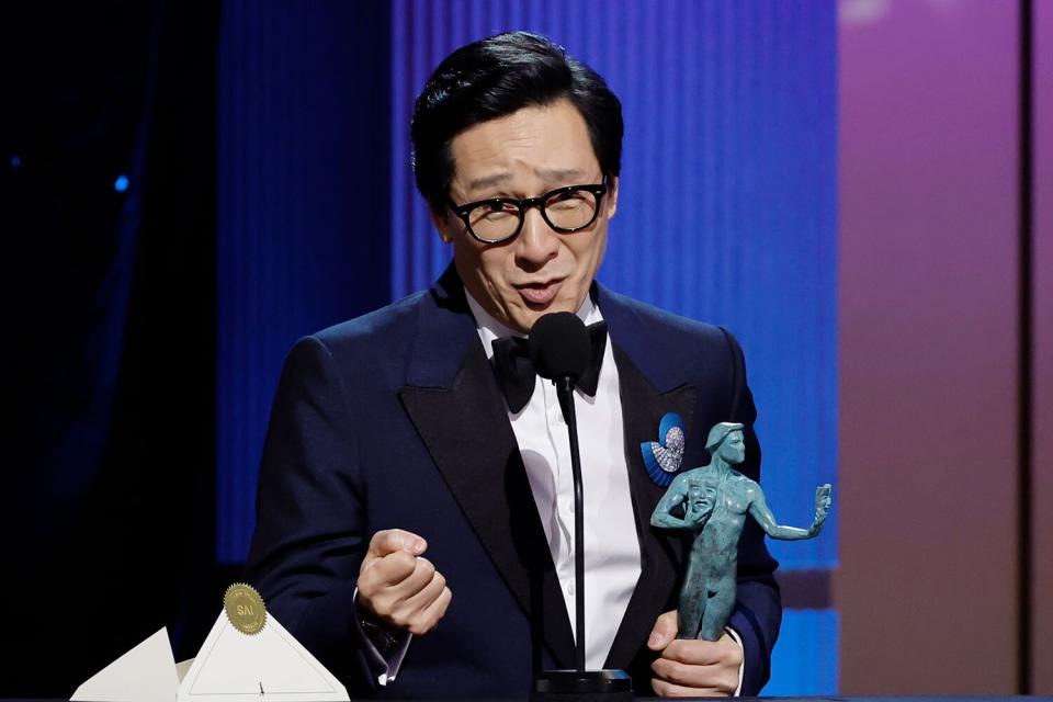 LOS ANGELES, CALIFORNIA - FEBRUARY 26: Ke Huy Quan accepts the Outstanding Performance by a Male Actor in a Supporting Role award for “Everything Everywhere All at Once” onstage during the 29th Annual Screen Actors Guild Awards at Fairmont Century Plaza on February 26, 2023 in Los Angeles, California. (Photo by Kevin Winter/Getty Images)