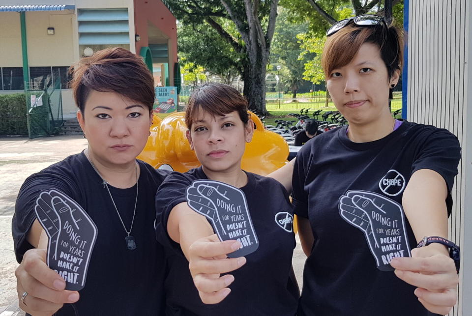 From left to right: Anti-Chope Movement founder Katelin Teo and fellow "ambassadors" Stacey Ann Nonis and Julia Hee. (PHOTO: Anti-Chope Movement)