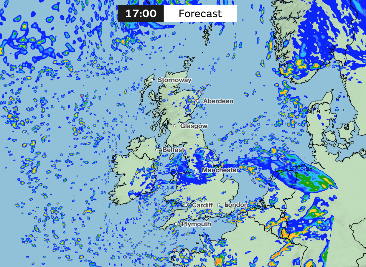 Rainfall forecast for 5pm Saturday. (Met Office)