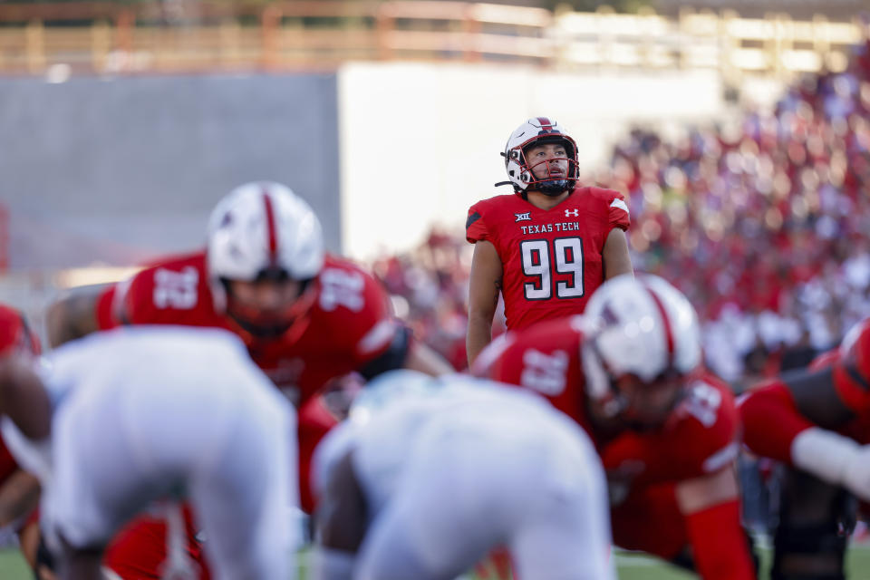 Texas Tech place kicker Gino Garcia (99) lines up a kick against Oregon during the first half of an NCAA college football game, Saturday, Sept. 9, 2023, in Lubbock, Texas. (AP Photo/Chase Seabolt)