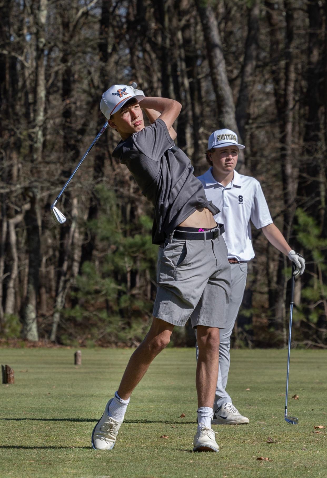 Mailon Kent of Point Borough tees off on the 11th hole. Ocean County Boys Golf Tournament at Sea Oaks Country Club in Little Egg Harbor on April 16, 2024.