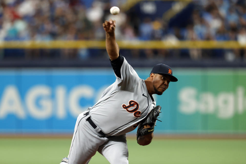 Detroit Tigers pitcher Wily Peralta works from the mound against the Tampa Bay Rays during the first inning of a baseball game Sunday, Sept. 19, 2021, in St. Petersburg, Fla. (AP Photo/Scott Audette)