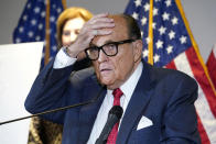 FILE - In this Nov. 19, 2020, file photo, former New York Mayor Rudy Giuliani, who was a lawyer for President Donald Trump, speaks during a news conference at the Republican National Committee headquarters in Washington. The U.S. Attorney's Office in Manhattan has returned to the question of whether to bring a criminal case against the former New York mayor, focusing at least in part on whether he broke U.S. lobbying laws by failing to register as a foreign agent, according to people familiar with the case. (AP Photo/Jacquelyn Martin, File)