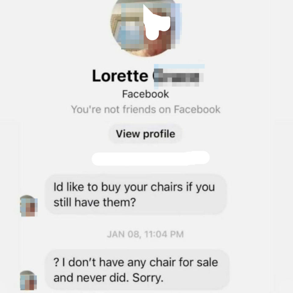 Profile of Lorette Grace with Facebook message exchange: "Id like to buy your chairs if you still have them?" Response: "I don’t have any chair for sale and never did. Sorry."