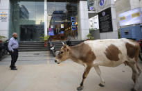 Una vaca pasea por delante de una tienda que albergaba joyas y que ha echado el cierre por el coronavirus. (AP Photo/Aijaz Rahi)