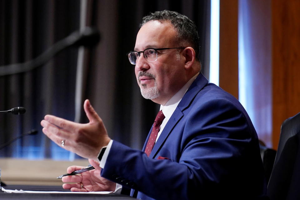 Education Secretary nominee Miguel Cardona testifies before the Senate Health, Education, Labor and Pensions committee during his confirmation hearing on Capitol Hill in Washington, DC. U.S., February 3, 2021. Susan Walsh/Pool via REUTERS