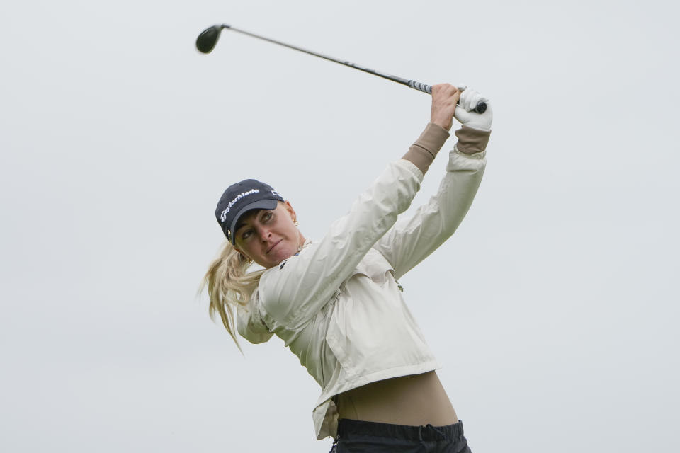 Charley Hull, of England, hits off the ninth tee during the first round of the Mizuho Americas Open golf tournament, Thursday, May 16, 2024, in Jersey City, N.J. (AP Photo/Seth Wenig)