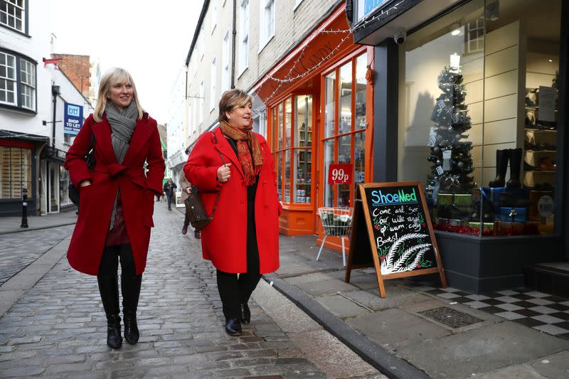 Rosie Duffield and Emily Thornberry walk past shops before attending a rally in Canterbury