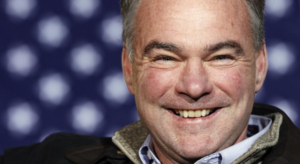 <p>Former Virginia governor and Senate candidate Tim Kaine smiles during an Obama-Biden campaign rally in Richmond, Va., Nov. 5, 2012. (Photo: Kevin Lamarque/Reuters)</p>