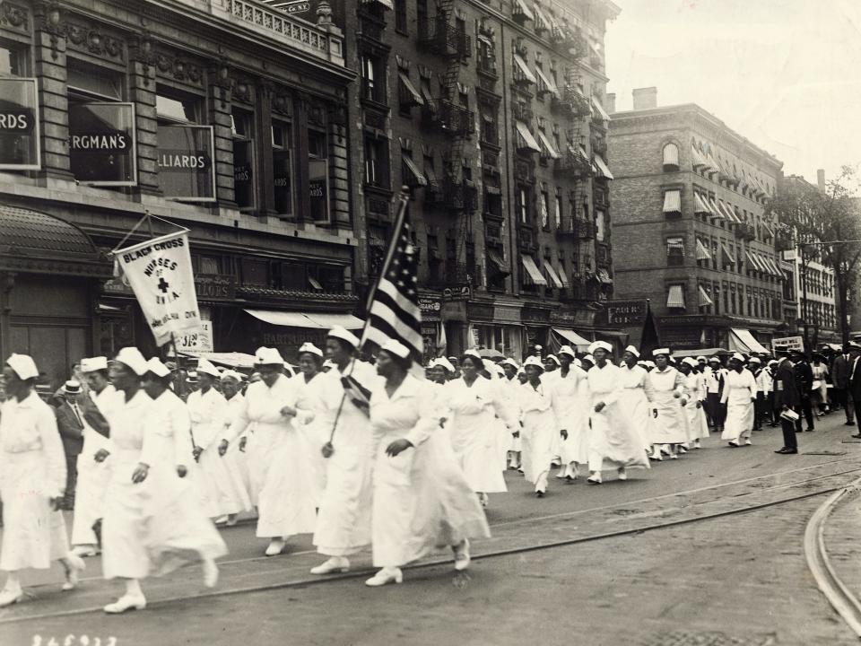 Black Cross nurses in a parade through Harlem during the world convention of the Universal Negro Improvement Association.