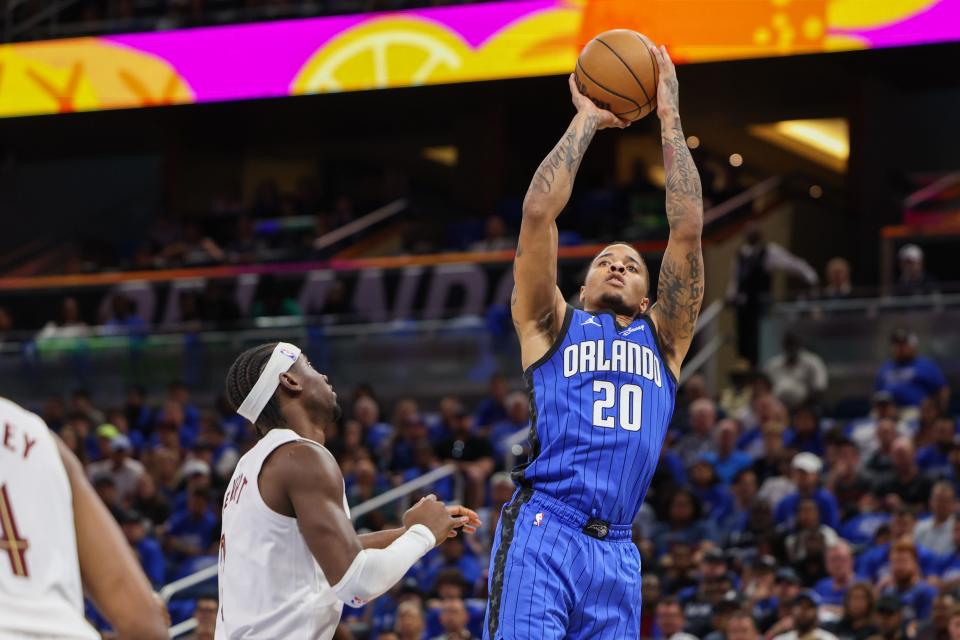 Apr 27, 2024; Orlando, Florida, USA; Orlando Magic guard Markelle Fultz (20) shoots the ball against the Cleveland Cavaliers in the second quarter during game three of the first round for the 2024 NBA playoffs at Kia Center. Mandatory Credit: Nathan Ray Seebeck-USA TODAY Sports