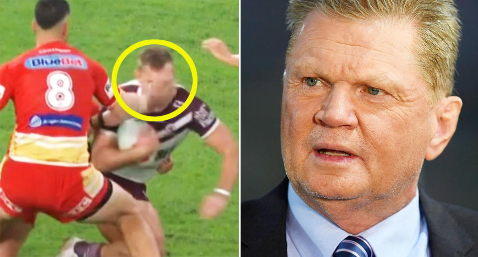 Manly legend Paul Vautin led a chorus of backlash around the NRL world over a bunker decision to award Tom Trbojevic a penalty against the Dolphins. Pic: Nine/Getty