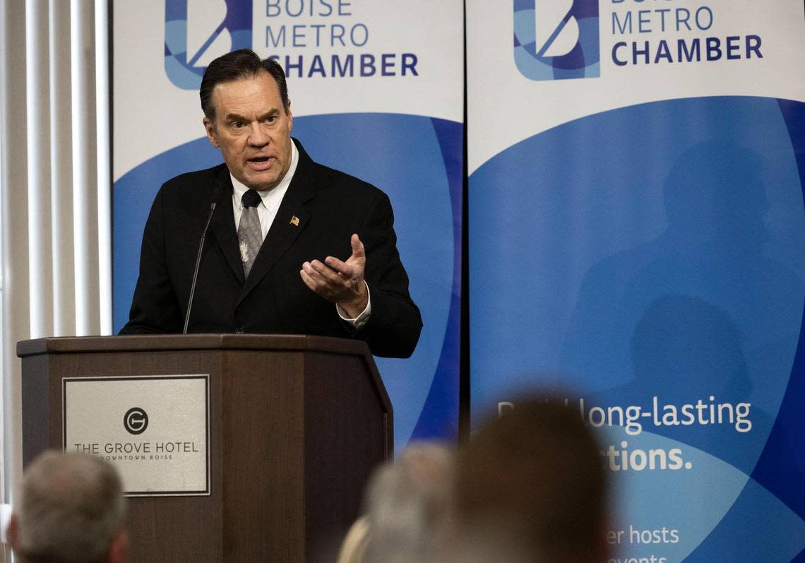 Congressman Russ Fulcher speaks at a Boise Metro Chamber of Commerce luncheon, Monday, Oct. 17, 2022, at the Grove Hotel in downtown Boise.