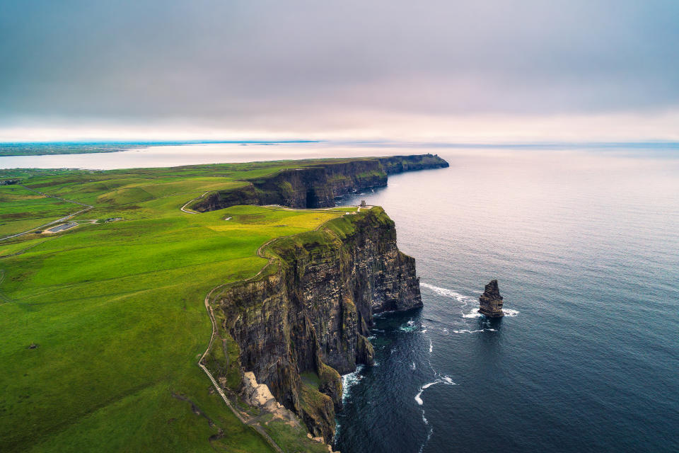 Aerial view of the scenic Cliffs of Moher in Ireland. This popular tourist attraction is situated in County Clare along the Wild Atlantic Way.