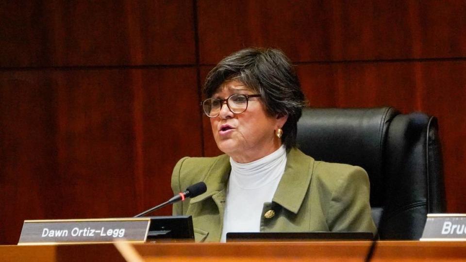 Supervisor Dawn Ortiz-Legg speaks about the Dana Reserve housing project at a San Luis Obispo County Board of Supervisors hearing Wednesday, April 24, 2024.