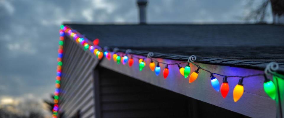 Home decorated with lights at Christmas