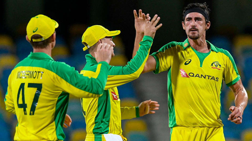 Mitchell Starc, pictured here celebrating the dismissal of Darren Bravo in the second ODI.