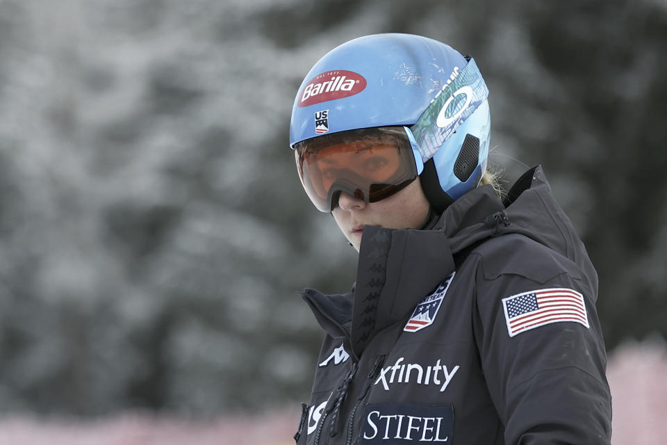 United States' Mikaela Shiffrin looks on before an alpine ski, women's World Cup giant slalom, in Kronplatz, Italy, Tuesday, Jan. 24, 2023. (AP Photo/Gabriele Facciotti)