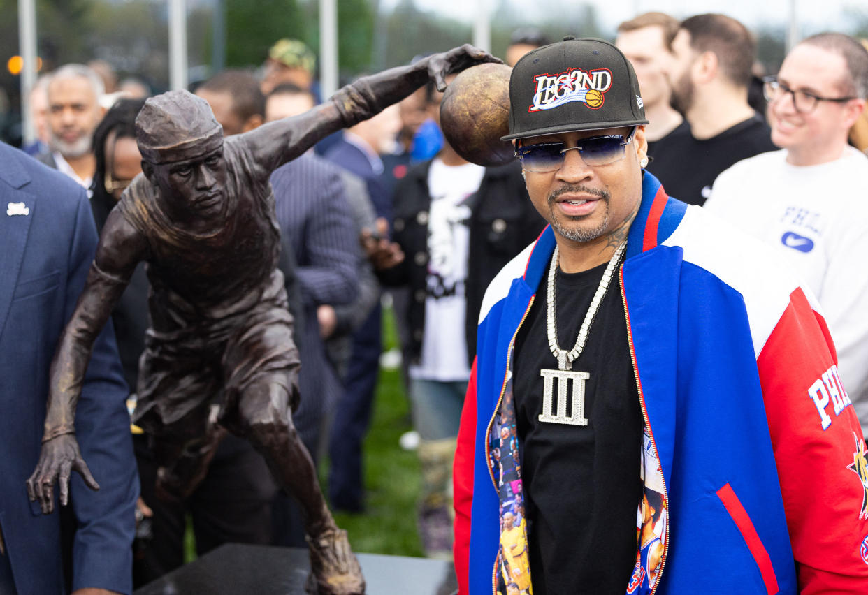 Apr 12, 2024; Camden, NJ, USA; Philadelphia 76ers great Allen Iverson during the unveiling of the statue honoring him in a ceremony at the Philadelphia 76ers Training Complex. Mandatory Credit: Bill Streicher-USA TODAY Sports