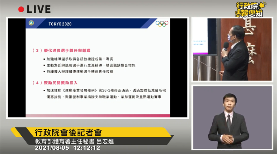 體育署報告針對選手培訓等精進作為。（圖／摘自行政院直播畫面）