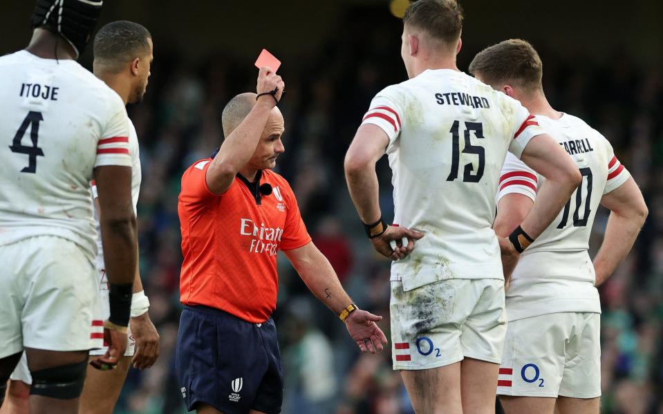 Jaco Peyper hands Freddie Steward his red card - Rugby World Cup could feature radical red card upgrade system - Getty Images/David Rogers