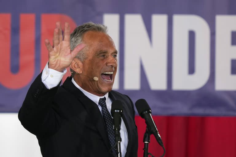 Robert F.  Kennedy, Jr., in Philadelphia, Monday, Oct.  9, 2023, socks after giving a speech during a campaign event at Independence Mall.  (AP/Matt Rourke)