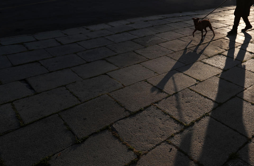 A woman walks with a dog through a deserted street during the curfew near the Serbian parliament building in downtown Belgrade, Serbia, Thursday, April 30, 2020. Serbia has reported 9,009 infections while 179 people have died. The Balkan country has started easing the measures but experts have warned that the situation is still volatile. (AP Photo/Darko Vojinovic)