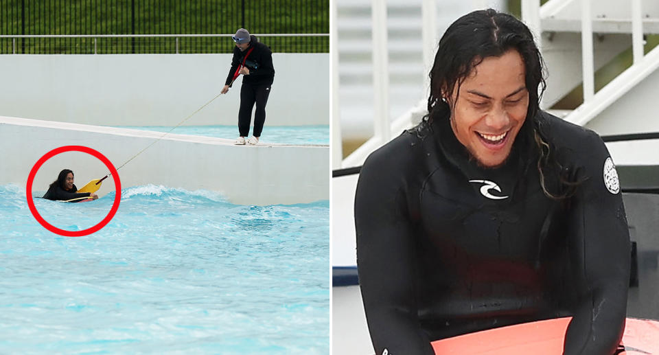 Seen here, Jarome Luai trying to surf during a Blues recovery session before the State of Origin decider.