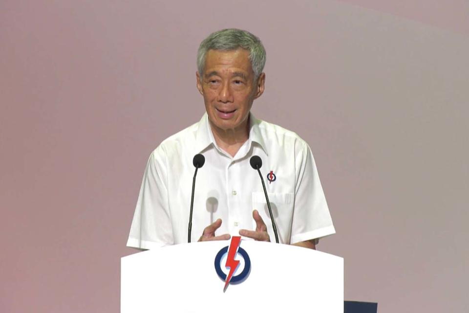 Prime Minister Lee Hsien Loong delivering his speech at the People's Action Party conference on Sunday (28 November). (PHOTO: Facebook / PAP)