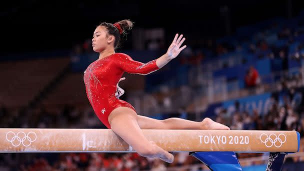 PHOTO: Sunisa Lee of Team United States during the Women's Balance Beam Final at the 2020 Olympic Games, Aug.  3, 2020, in Tokyo.  (Laurence Griffiths/Getty Images)