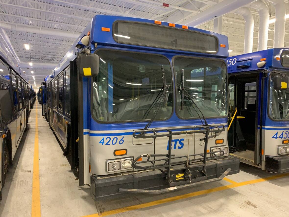 Buses are parked in the City of Edmonton's Kathleen Andrews Transit Garage.  (David Bajer/CBC - image credit)