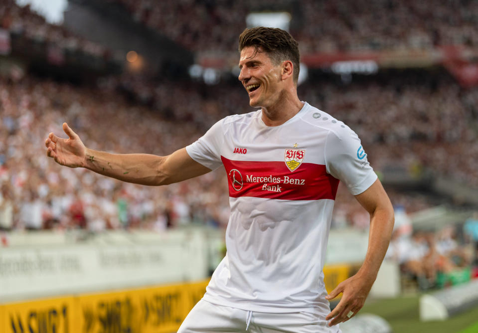 26 July 2019, Baden-Wuerttemberg, Stuttgart: Soccer: 2nd Bundesliga, VfB Stuttgart - Hannover 96, 1st matchday. Stuttgart's Mario Gomez cheers after the goal to 1-0. Photo: Daniel Maurer/dpa - IMPORTANT NOTE: In accordance with the requirements of the DFL Deutsche Fußball Liga or the DFB Deutscher Fußball-Bund, it is prohibited to use or have used photographs taken in the stadium and/or the match in the form of sequence images and/or video-like photo sequences. (Photo by Daniel Maurer/picture alliance via Getty Images)