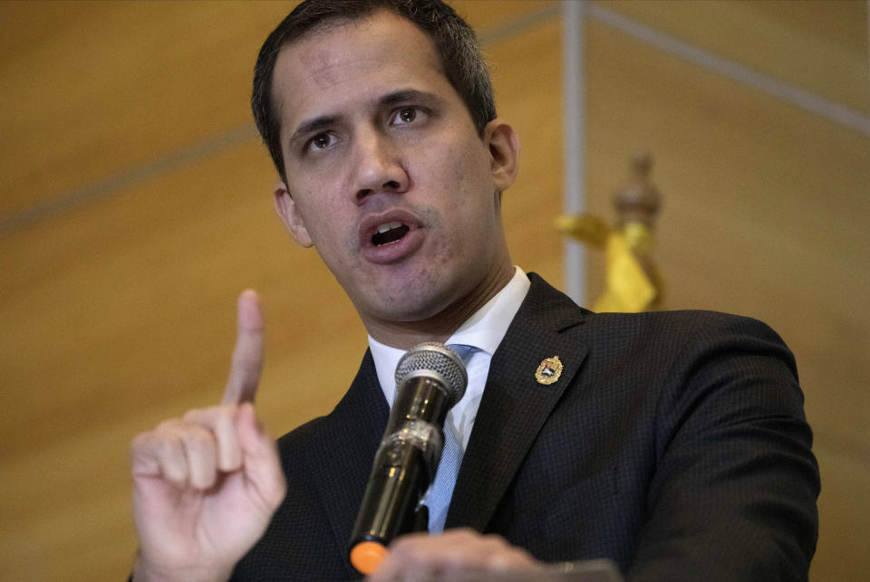 Self-proclaimed interim president of Venezuela and opposition leader Juan Guaido speaks at a press conference in Caracas, Venezuela, Saturday, Feb. 15, 2020. Guaido returned this week from an international tour seeking support to oust President Nicolas Maduro, violating a travel ban. (AP Photo/Ariana Cubillos)