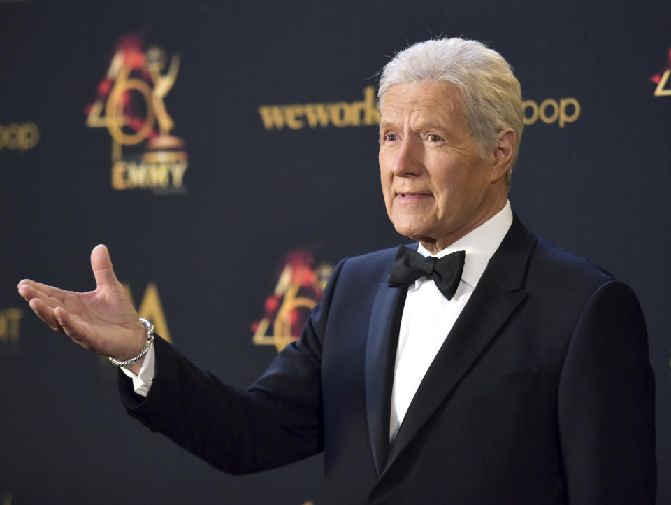 FILE - Alex Trebek poses in the press room at the 46th annual Daytime Emmy Awards on May 5, 2019 in Pasadena, Calif. More than two months after Trebek's death, fans of "Jeopardy!" finally got the chance to say goodbye. A video tribute to the host opened the Friday, Jan. 8, 2021 episode of the quiz show, the final one that Trebek taped before pancreatic cancer claimed his life on Nov. 8. (Photo by Richard Shotwell/Invision/AP, File)