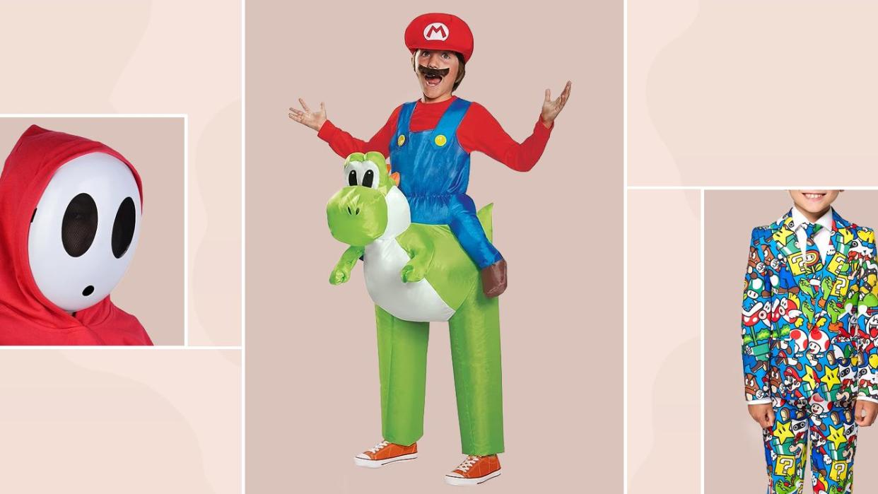 shy guy mask, mario riding yoshi costume, mario suit set