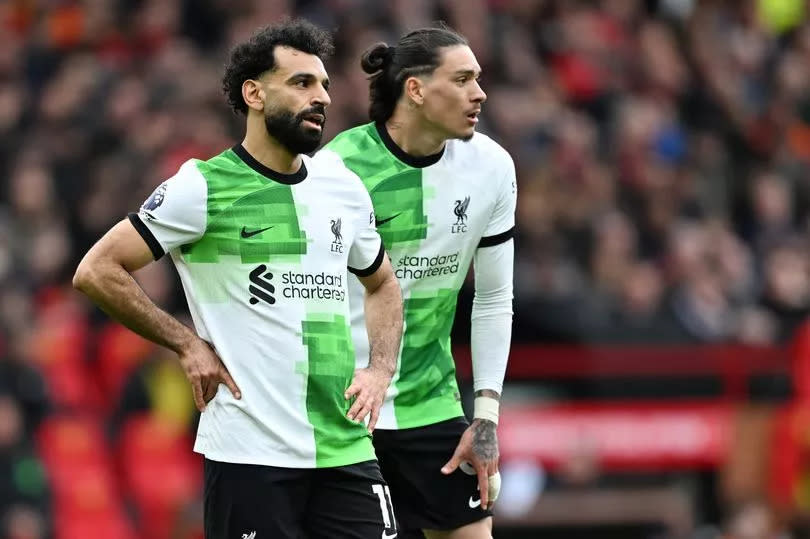 Mohamed Salah and Darwin Nunez during the Premier League match between Manchester United and Liverpool FC at Old Trafford.