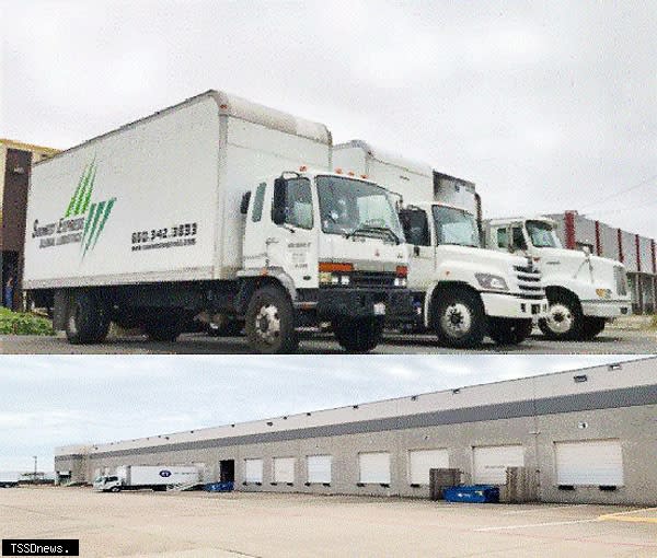 捷迅美國擁有自家車隊，圖為十五噸車型及位於美國達拉斯的現有物流倉。（圖：捷迅提供）