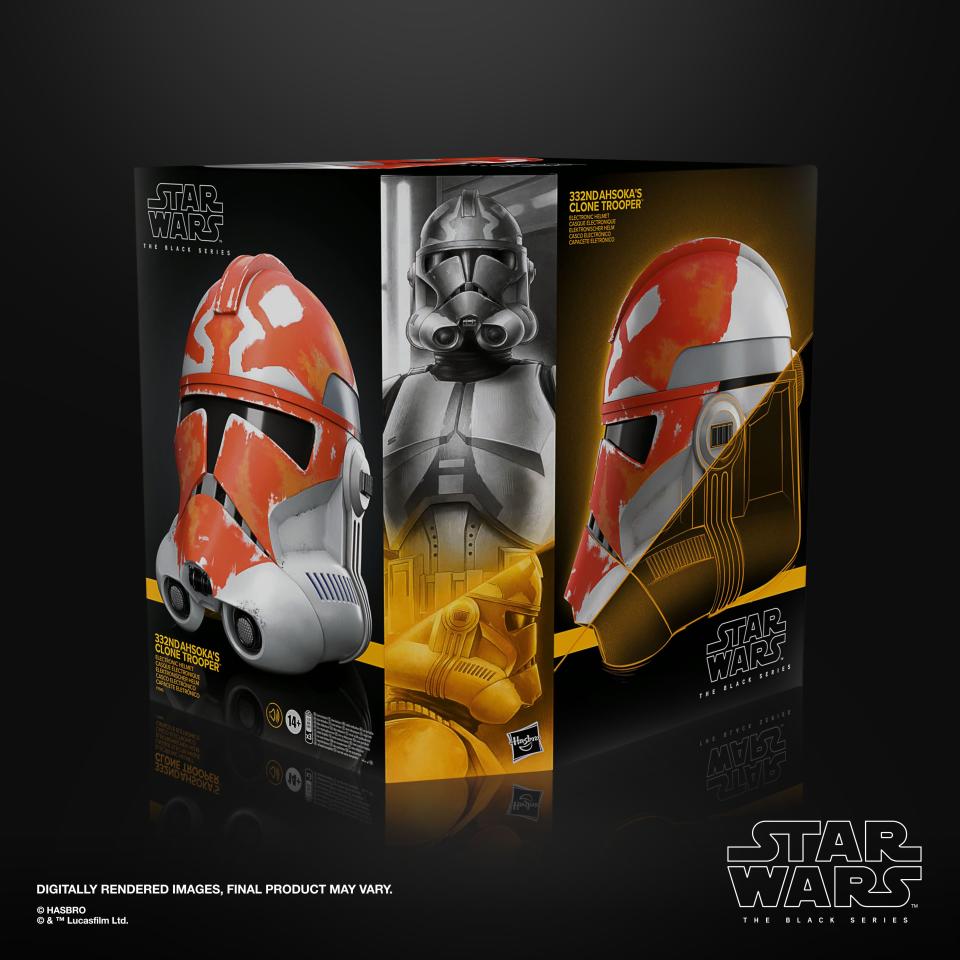 Star Wars The Black Series Ahsoka's Clone Trooper Premium Electronic Helmet product shots on a black background